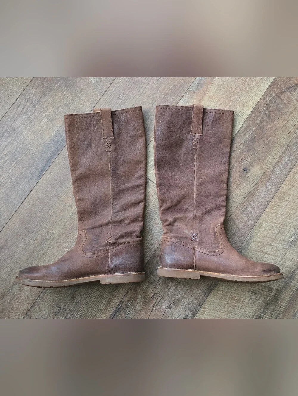 FRYE Celia X Stitch Brown Pebble Leather Tall Pull On Riding Boots Size 7 B - Picture 2 of 12